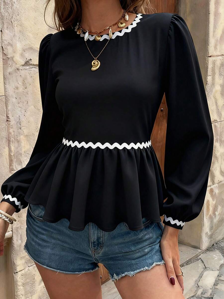 Women Bow Tie Back Tops Contrast Ric Rac Long Sleeve Ruffle Hem Crewneck Shirts For Fall Spring - Black - View 1