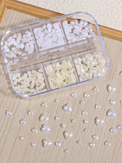 仿珍珠心形美甲配件，6格套装，无香型，美甲效果装饰珠子，美甲用品