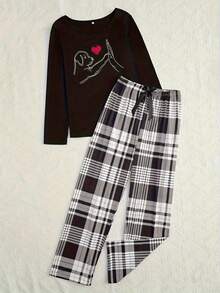 2pcs Black Dog Cartoon Print Women Pajama Set, Casual Plaid Pants Homewear - Black - View 3
