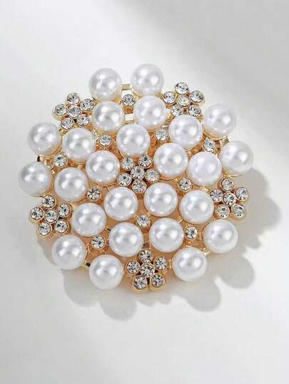 1件时尚水钻珍珠花朵胸针，欧美韩风经典百搭奢华独特夸张胸花配饰