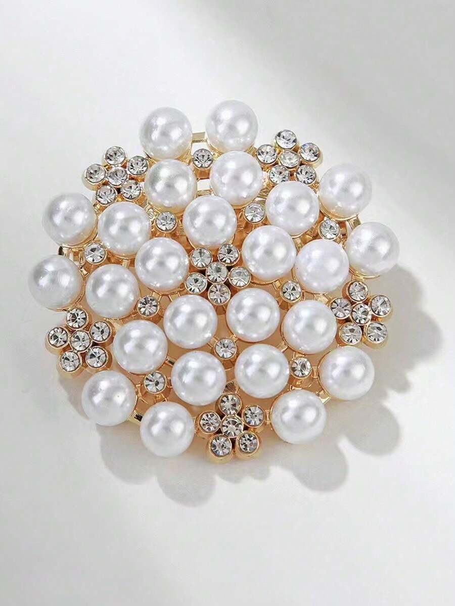 1件时尚水钻珍珠花朵胸针，欧美韩风经典百搭奢华独特夸张胸花配饰