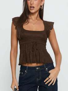Women's Summer Slim Cropped Tops Flying Sleeve Square-Neck Tie Bow Front Jacquard T-Shirt - 巧克力色 - 查看 2