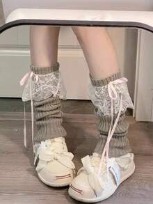 1 Pair Ballet-Style Lace Bow Knitted Leg Warmers, Japanese Sweet Girl Ribbon White Thigh High Leg Warmers, Y2K Subculture Plaid Slim Long Leg Warmers