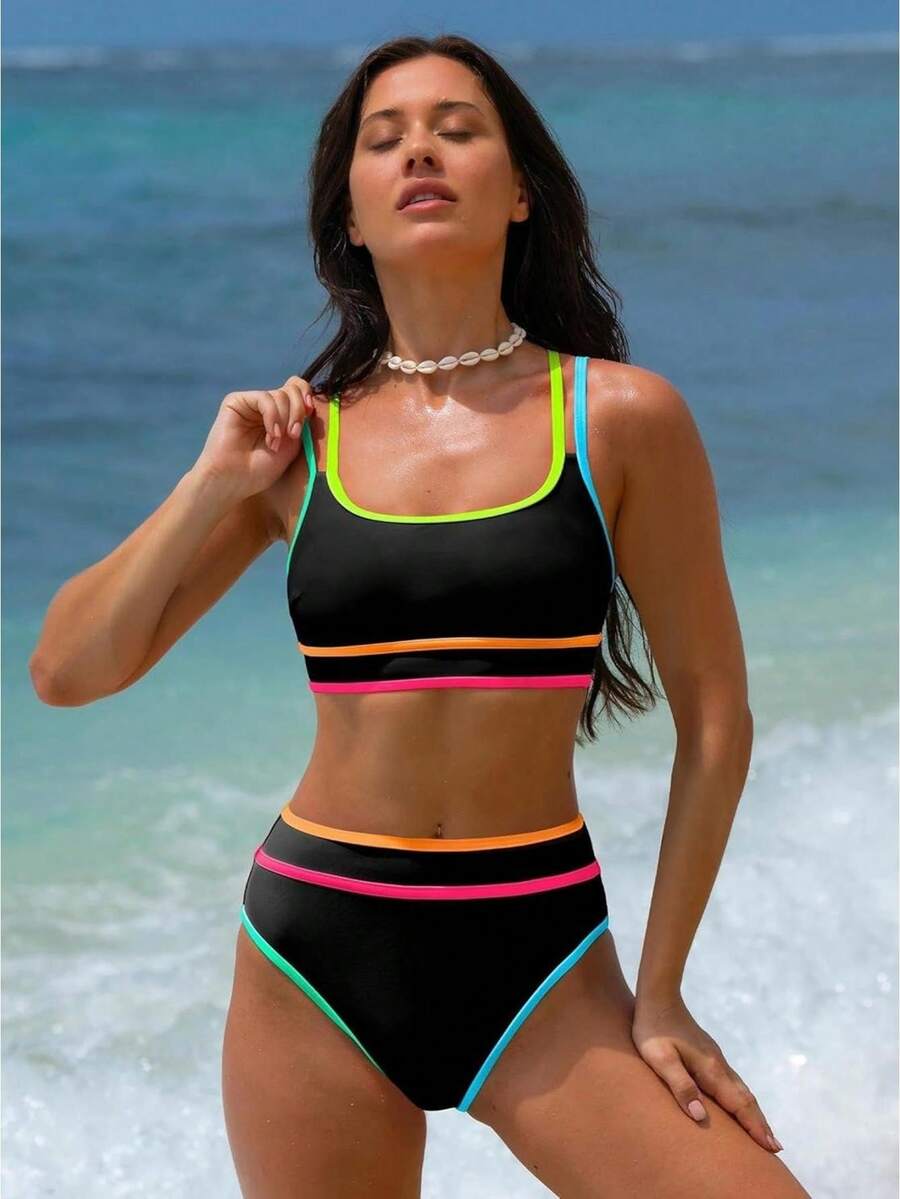 2026 Womens High Waisted Bikini Sets Color Block Two Piece Swimsuit Square Neck Crisscross Back Bathing Suit Swimwear Beachwear - 黑色 - 查看 1