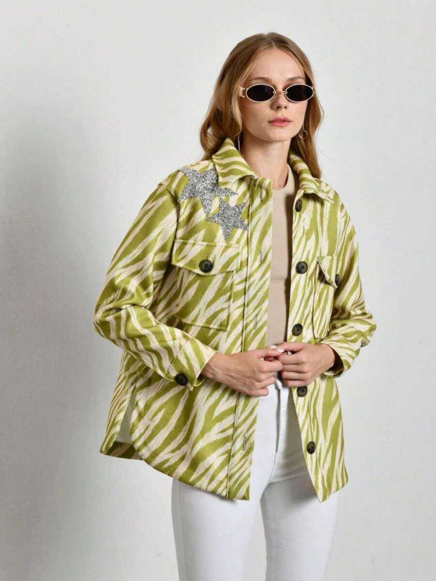 Star-Accented Wool Shirt, Jacket With Brush Pattern- MADE IN TURKEY - Beige - View 1