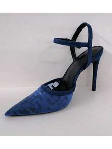 Tacones de aguja de punta azul con inserto de malla y correa para el tobillo, sexy y de moda, adecuados para fiestas de Navidad - Azul Marino - Ver 2