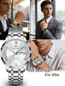 POEDAGAR 1pc Casual Men's Stainless Steel Wrist Watch With Calendar Display, 30M Water Resistant, Luminous, Fashionable Quartz Watch For Men, Suitable For Daily Wear, Birthday Gift - one-size - View 10