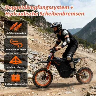 Moto fuoristrada Yiqifa M5, moto elettrica per ragazzi, con ammortizzatori anteriori e posteriori, doppi freni a disco a bagno d'olio, tre velocità regolabili, autonomia 50 km, velocità massima 55 km/h