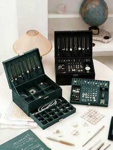 Neue Luxus Schmuckaufbewahrungsbox, elegante dunkelgrüne Farbe, hochwertige, filigrane Gestaltung für Halsketten, Ohrringe, Armbänder, große Kapazität Mehrebenen-Aufbewahrung, Valentinstag, Sonne, Reise, coole, Studentenwohnheim Aufbewahrung