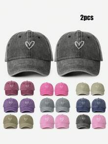 2pcs Embroidered Heart Washed Baseball Cap, Adjustable Couple Hats, Suitable For Spring/Autumn Travel, Beach, Casual Wear, Y2K Style Unisex Sun Hat - Baseball Cap - View 1