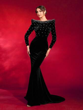 Elegante vestido de fiesta largo de noche para mujer, de terciopelo negro, manga larga, con adornos de perlas y cola de sirena