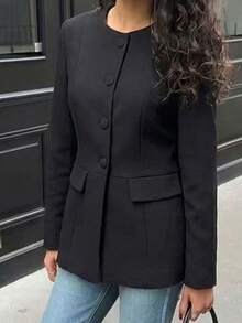 ACKCER Women's Fashionable Casual Round Neck Long Sleeve Button Front Jacket, Suitable For Spring, Summer And Autumn - Black - View 3