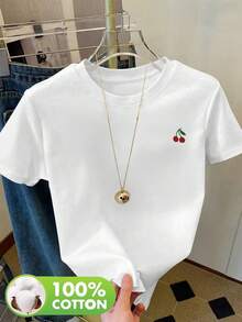 TH253 Women's Cherry Print T-Shirt, Simple And 100% Cotton, Round Neck, Short Sleeves, Loose Fit With Dropped Shoulders, Sweat-Absorbing And Breathable, Casual And Comfortable Garment For Home, Can Be Worn As An Underlayer In Autumn And Winter, Or As Outerwear In Spring And Summer, Versatile Short-Sleeved Sports T-Shirt, Breathable And Sweat-Absorbing. - 白色 - 查看 6