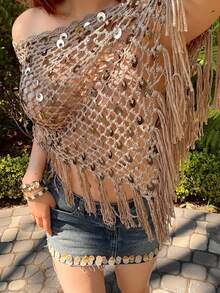 Khăn choàng tam giác dệt sequin thủ công dành cho nữ, khăn choàng tua rua thời trang cho kỳ nghỉ - Màu Khaki - Xem 8