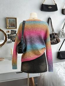 Mejors 女士可爱休闲太空印花彩色街头风 Y2K 风格宽松针织衫，圆领，日常穿着，秋冬款 - 玫紅色 - 查看 2