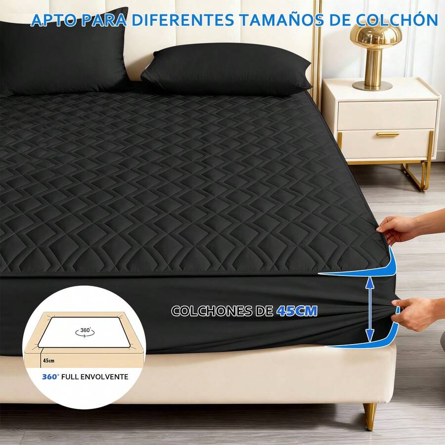 AMOROSA 1Pieza Cubre Colchón Ajustable Elástico(No Incluye Funda de Almohada)para Cama Matrimonial(135*190cm )/King(200*190cm ) Suave y Cómodo Protector de Colchón Sábana Matrimonial, Sábana King para Decoración de Hogar-Envío Local Rápido-Negro - Negro - Ver 1
