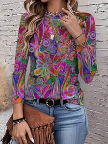 Women's Floral Print Long Sleeve T-Shirt - Vibrant Multicolor All-Over Design, Round Neck Casual Top, Machine Washable Spring/Fall Wardrobe Essential, Spring Fashion, Artistic Tee, Comfortable Fit, Print Blouse, Women - Mixed Color - 查看 1