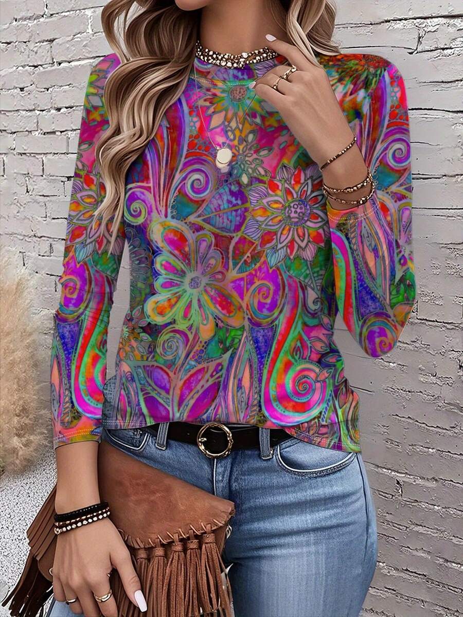 Women's Floral Print Long Sleeve T-Shirt - Vibrant Multicolor All-Over Design, Round Neck Casual Top, Machine Washable Spring/Fall Wardrobe Essential, Spring Fashion, Artistic Tee, Comfortable Fit, Print Blouse, Women - Mixed Color - 查看 1