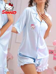 Pajamoom 2pcs Sanrio Hello Kitty Women Pajama Set, Blue, Letter Print, Ruffle Trim, Pocket, Lapel Collar Top, Cute Sleepwear Set, Short Loungewear Set - Baby Blue - View 5