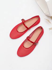 Women's Soft Bottom Breathable Mesh Mary Jane Ballet Flats, Red, Lightweight & Comfortable Round Toe Hollow Slip-On Casual Shoes - Red - View 14