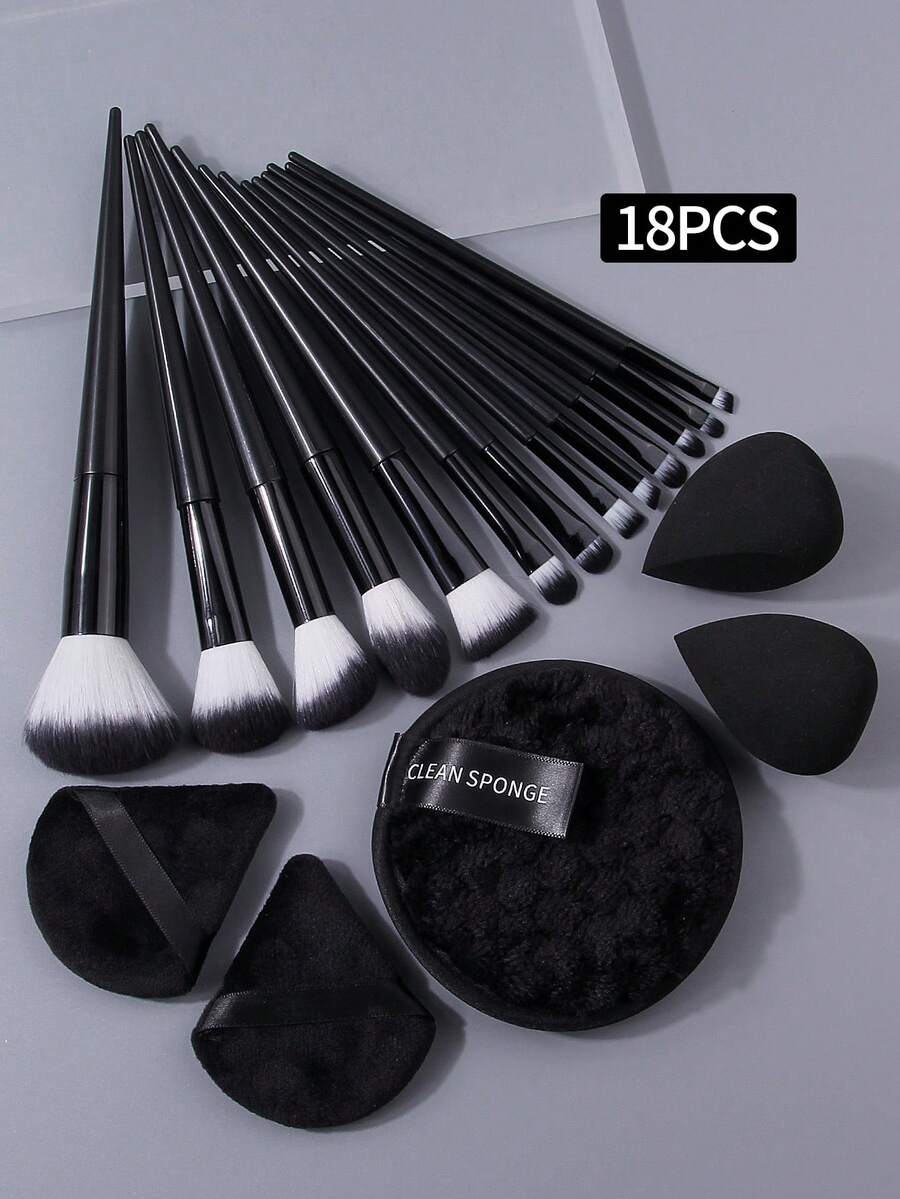 Bộ 18 món cọ và bông trang điểm chuyên nghiệp, gồm cọ trang điểm mặt sợi mềm + bông trang điểm đa năng dùng được cả khô và ướt + bông phấn tròn.