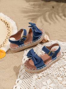 1 Pair Girls' Denim Minimalist Fashion Woven Bottom Open Toe Summer Flat Sandals - Blue - View 3