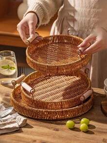 1pc Thickened Rattan-Woven Fruit Plate, Bread Basket, Home Afternoon Tea, Pastry Tray, Snack Display Plate - Apricot - View 5