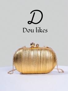 Shiny Pleated Mini Egg-Shaped Clutch Bag, Elegant Metal Double Pearl Snap Design, Suitable For Party Girls, Brides, College Students, Young Professionals, Parties, Celebrations, Weddings, With Metal Chain - Gold - View 1