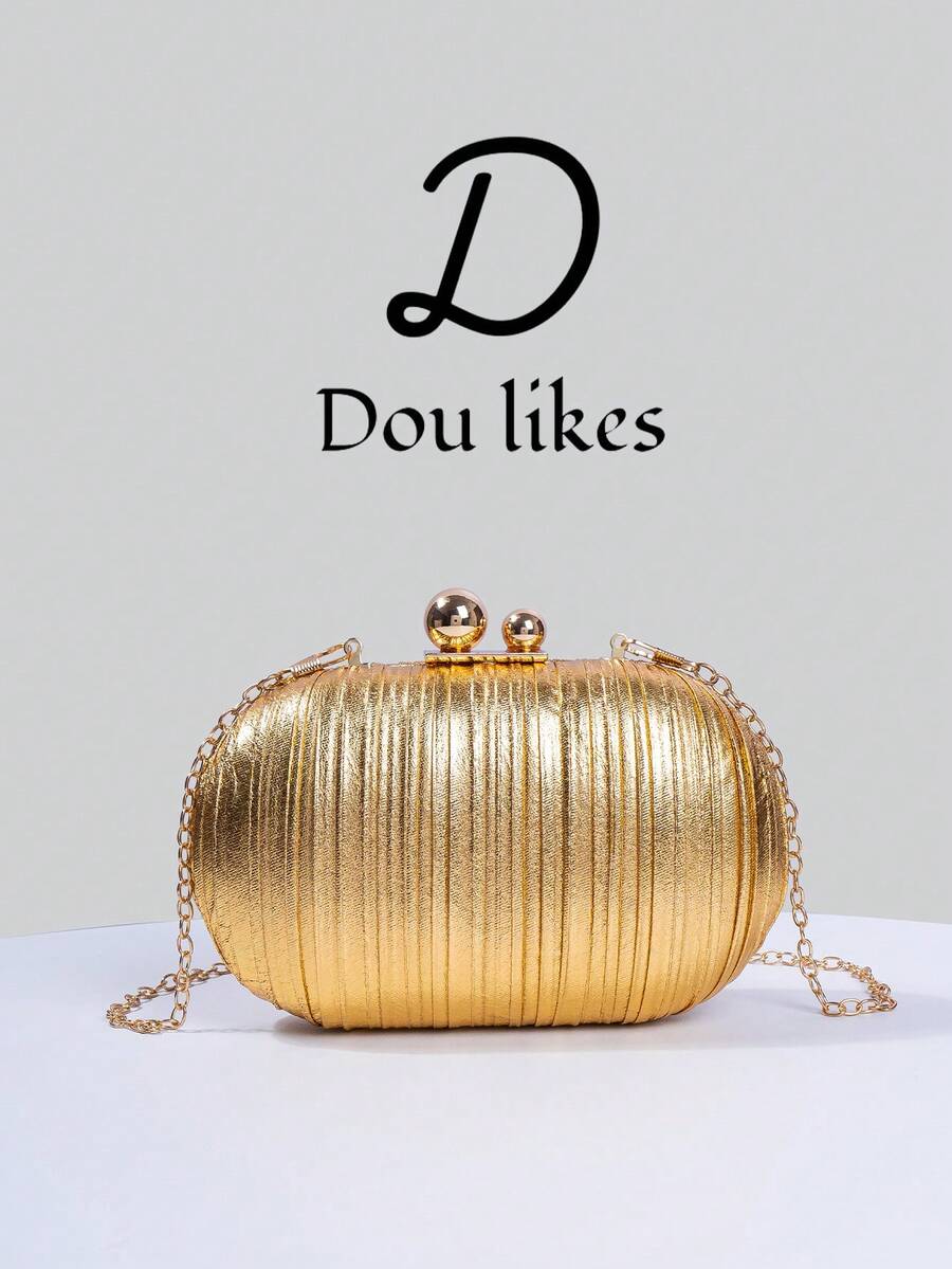 Shiny Pleated Mini Egg-Shaped Clutch Bag, Elegant Metal Double Pearl Snap Design, Suitable For Party Girls, Brides, College Students, Young Professionals, Parties, Celebrations, Weddings, With Metal Chain - Gold - View 1