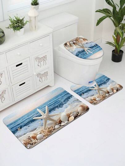 1pc/3pcs Ocean Coastal Starfish Beach Pattern Bath Mat, Soft Faux Wool 1200g/㎡ Polyester Fiber Bathroom Rug, 10mm Thick, TPR Non-Slip Bottom, Foldable Easy Care Carpet Mat, Modern Thick Absorbent Non-Slip Floor Mat, Decorative Carpet, Suitable For Bathroom, Toilet, Living Room, Indoor Entrance, Room Decor, Housewarming Gift, Holiday Gift