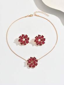 2pcs Women's Fashion Jewelry Set - Sweet & Multi-Square Layered Floral Pendant Necklace & Earrings Set, Classic Red Square Flower Decor, Suitable For Valentine's Day, Dates, Gifts, And Daily Wear - Golden Yellow + Red - View 2