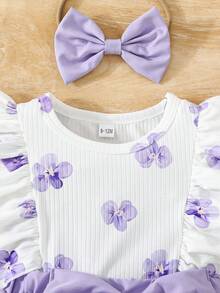 Baby Girl Casual Cute Floral Print Ruffle Sleeve Dress With Bow Headband, Summer - Mauve Purple - View 3