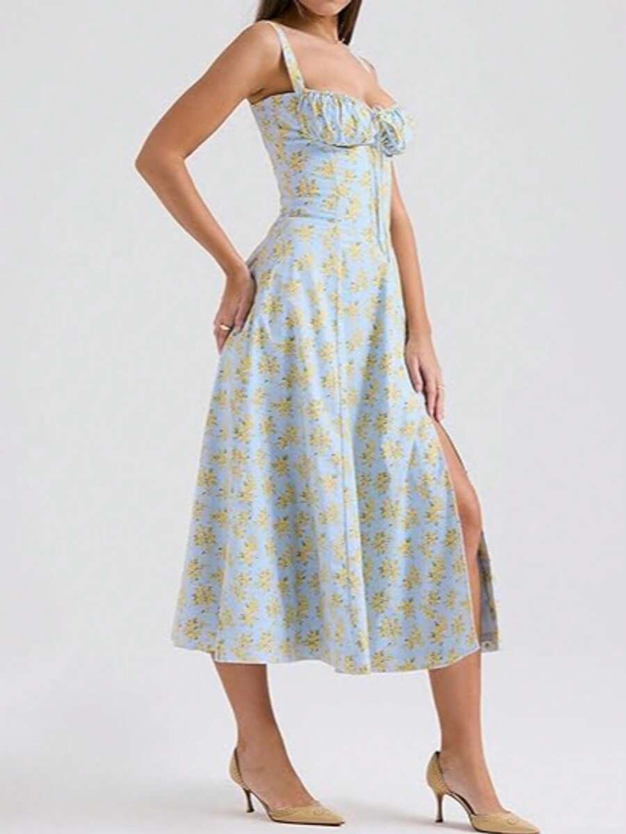 Women's Floral Fitted Midi Dress, Summer Bohemian Style Square Neck Sleeveless Flowy Slit Tie-Up Printed Corset Slip Dress - 藍色 - 查看 1
