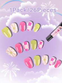 26pcs/Set Kids Press-On Nails, EBANKU 1pc Children Artificial Nails Set Spring Flower Short Fake Nails Suit, Suitable For Girls