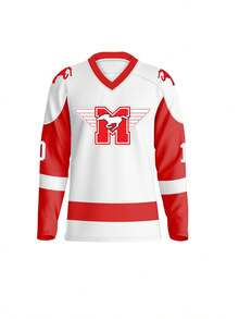 Men's Embroidered Ice Hockey Sport Shirt, Size 10, White, Casual Long-Sleeved V-Neck T-Shirt, Party Sports Top - White - View 2