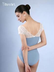 DonsGirl 1 件女式 V 领蕾丝短袖舞蹈紧身衣，简约时尚紧身连体衣 - 霧霾藍 - 查看 5