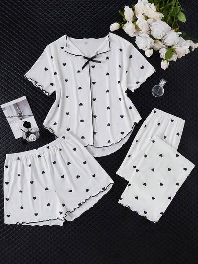 3点セット レディース バレンタインデー Vネック フリル ハート柄 半袖クロップトップ フリルヘムショーツ/パンツ パジャマ セット、かわいくロマンチック、パーティー、集まり、ホームウェアに最適