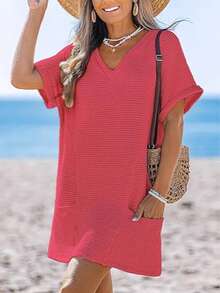 Women Crochet Beach Coverup Waffle Knit Loose Casual Wear V Neck Short Sleeve Dress Swimsuit For Women With Pockets - 紅色 - 查看 2