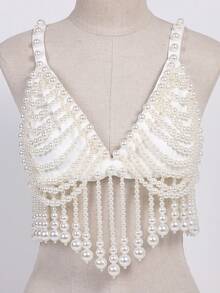 1pc Punk Style Bralette Top With Unique Tassel Design, Suitable For Clubbing, Parties And Music Festivals, Women Body Chain - White - View 4
