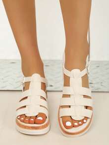 女士夏季新款复古木纹露趾罗马凉鞋，轻便舒适坡跟厚底镂空时尚凉鞋 - 米色 - 查看 2