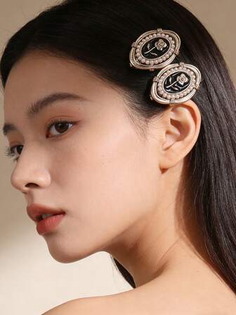 2 piezas Accesorios elegantes para el cabello de mujer, Clips para el cabello con perla ovalada y rosa en una sola pieza, Clips pequeños de perla falsa para el flequillo, Dulce y de alta gama, Adecuado para uso diario