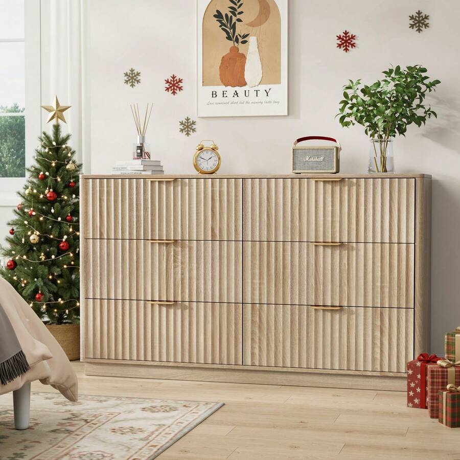 VOWNER 6-Drawer Dresser With Large Capacity, Fluted Storage Cabinet, Wood Organizer, TV Stand Dresser For Living Rooms, Bedrooms, Entry - 橡木色 - 查看 1