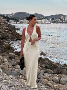 Women's V-Neck Solid Sleeveless Vest With Buckle Design & Elastic Waist Skirt. A Sexy, Simple & Elegant Beach Vacation Style Summer Fashion Set. - Oyster White - View 1