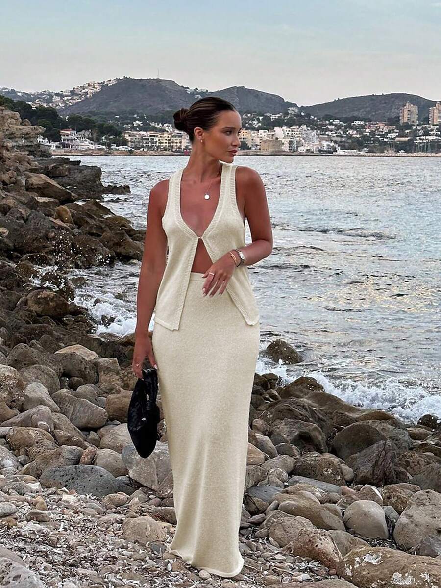 Women's V-Neck Solid Sleeveless Vest With Buckle Design & Elastic Waist Skirt. A Sexy, Simple & Elegant Beach Vacation Style Summer Fashion Set. - Oyster White - View 1