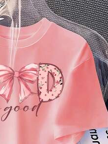 Tween Girls' Slogan & Bow Print Short Sleeve Casual Round Neck T-Shirt - Pink - View 4