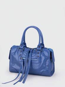 1 件蓝色拼接铆钉镶嵌金属拉链流苏装饰复古 PU 材质双提手可调节长肩带设计拉链闭合时尚复古甜美酷炫风格机车包 Y2K 朋克风方形包女士手提包休闲低调奢华风格女士斜挎包适合日常通勤、工作、购物等用途 - 藍色 - 查看 5