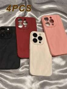 4pcs Simple Pleated Solid Color Lens Protection Phone Case, Personalized Compatible With IPhone 17 Pro Max, 16/15/14/13/12/11 Protective Cover - Multicolor - View 3
