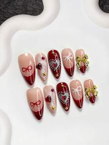 10片浪漫红色系列美甲贴纸套装，法式美甲套装，手绘蝴蝶结和爱心美甲装饰，中长杏仁形美甲贴纸，方形美甲贴纸，鸭嘴形美甲贴纸，红色闪光水钻假指甲，合金蝴蝶结美甲配件，包含工具包，适合女性和女孩，派对、约会、外出就餐、日常美甲用品 - 彩色 - 查看 16