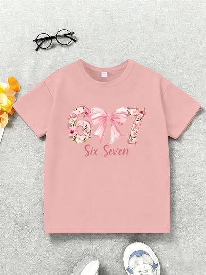 1pc Girls' Round Neck Floral & Bow Tie "67" Graphic T-Shirt, Soft & Comfortable Fabric, Suitable For Spring/Summer Daily Wear, Casual Gatherings And Outdoor Activities, New Summer Girls Casual Top