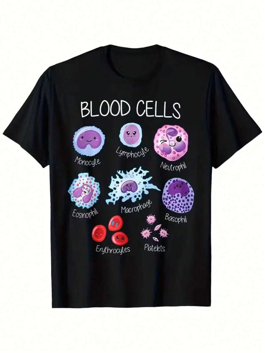 Graphic T-Shirt With Female Blood Cell Types - Hematologist, Pathologist, Lab Scientist Design, 100% Cotton, Funny Medical Science Gift For Couples And Friends, Educational Clothing With Fun Design, Regular Fit T-Shirt - ["黑色的"] - 查看 1
